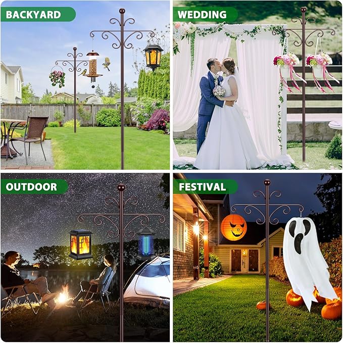 Bird Feeder Pole for Outdoors Heavy Duty Squirrel Proof, 2 Pack 92 Inch Adjustable Tall Shepherds Hooks for Outdoor with 7 Prongs Base, Double Shepherd Hooks (2 Pack Copper, 92 Inch)