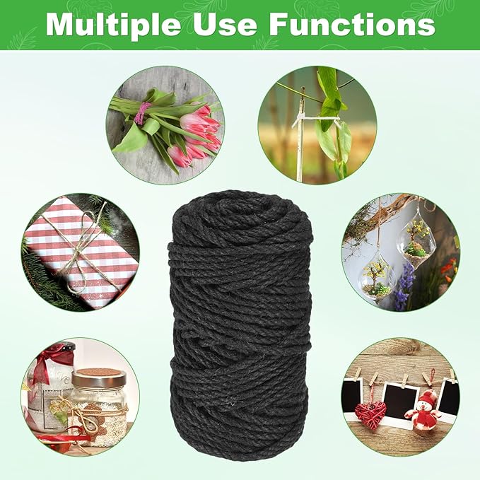1-Pack Natural Jute Twine String, 4.5mm x 164ft/50m Long Garden Twine String for Crafts/Gift Wrapping/Gardening Plants, Durable Plant Ties Thick Rope [Black]