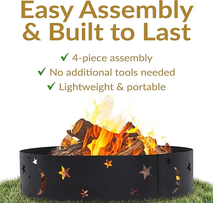 Sunnydaze 36-Inch Outdoor Fire Ring - Portable Metal Fire Pit Ring for Camping or Backyard - 360-Degree Moons and Stars Cutout - Big Sky