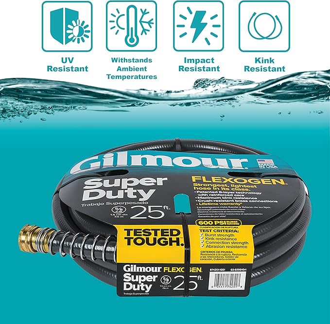 Gilmour Flexogen 5/8 in x 25 ft Garden Hose, Heavy Duty Water Hose, Flexible and Kink Resistant Outdoor Hose
