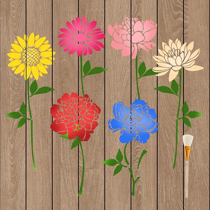 10PCS Large Flower Stencils for Painting, Wall Stencils for Painting, Giant Wall Stencil with Brushes Sunflower Floral Fence Stencil for Walls Garden Fence Furniture