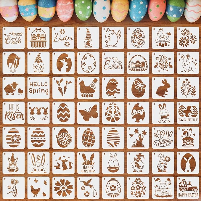 Augshy Easter Stencils, 56 Pack Holiday Stencils Easter Painting Stencils Set for Scrapbooking Drawing Wall Floor Decor DIY Rock Painting Art Projects (3 Inch)