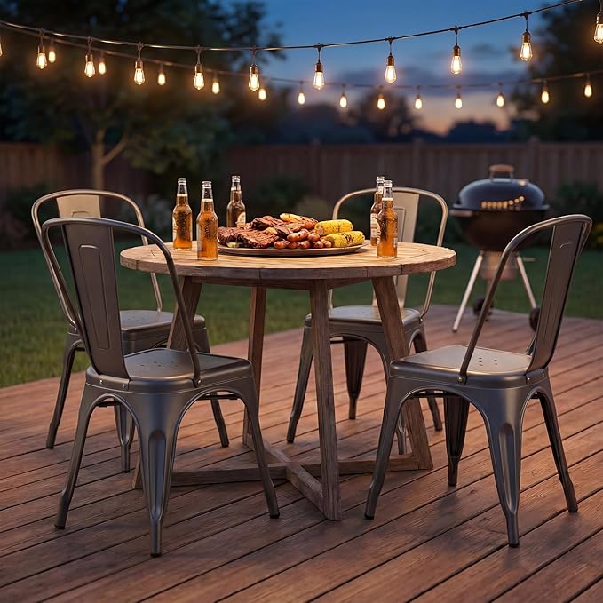 Furmax Metal Dining Chair Indoor Outdoor Use Stackable Classic Trattoria Chair Chic Dining Bistro Cafe Side Metal Chairs Set of 4 (Gun)