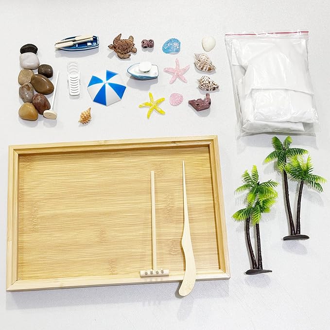 Woohome Mini Zen Garden Kit, Mini Zen Sand Garden Kit, Ocean Beach Sandbox Decorations Zen Decor Kit with White Sand, Mini Boats, Shells, Rocks for Home Office Desktop Decor