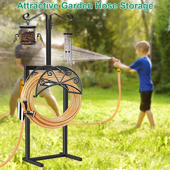 TomCare Garden Hose Holder with Shepherds Hooks Heavy Duty Water Hose Holder Holds 160 FT Hoses Freestanding Hose Reel with 2 Tool Hooks Stable Hoses Hanger Storage Stand for Outside Yard, Black
