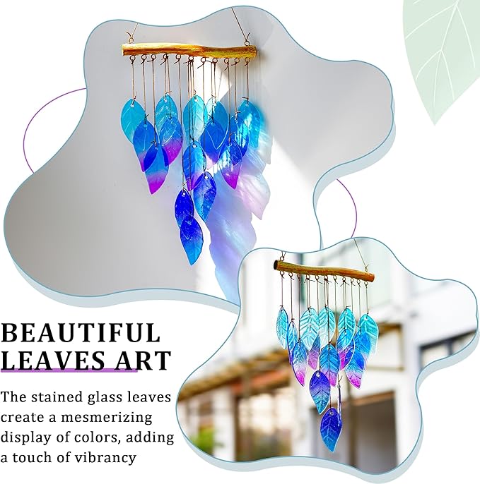 Wind Chimes for Outside,Stained Glass Leaves Wind Chimes Indoor Outdoor Hanging Decor Handmade 12.5" Garden Chimes for Windows, Patio,Backyard Decor Ornament for Christmas Tree