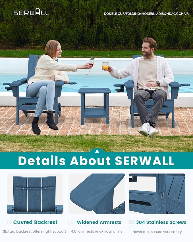SERWALL Modern Folding Adirondack Chair Set of 8, Weather Resistant Outdoor Adirondack Chair with Dual Cup Holders, HDPE Fire Pit Chairs for Patio Lawn Garden, Blue