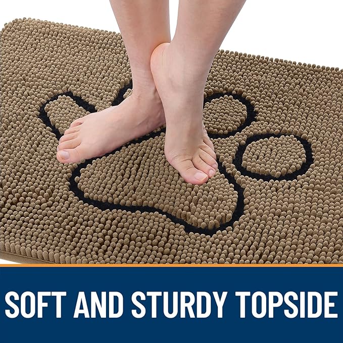 OLANLY Dog Door Mat for Muddy Paws 36x24, Paw Print Design, Absorbs Moisture and Dirt, Absorbent Non-Slip Washable Doormat, Quick Dry Chenille Mud Mat for Dogs, Entry Indoor Entryway Carpet, Tan