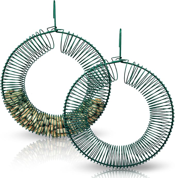 Hugeleaf 2 Pieces Peanut Bird Feeder, Hanging Wreath Feeder Round Metal Whole Wild Bird Feeder with Hanging Hook for Outdoor Birds and Squirrels Feeding, Fat Suet Ball Feeder for Blue Jay, Green