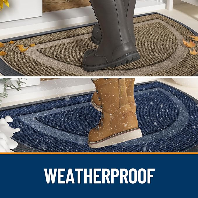 OLANLY Half Circle Door Mat Indoor Outdoor Entrance Welcome, Waterproof All-Season, All-Weather Doormat, Sturdy Natural Rubber, Low Profile, Easy Clean Patio Porch Entryway Mat, 58x23, Light Blue