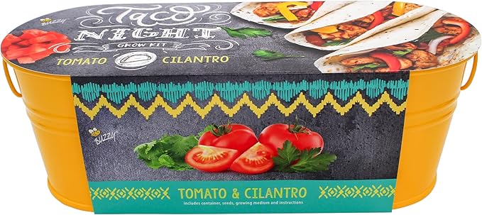 BUZZY Taco Night Grow Kit, Tomato and Cilantro Indoor Gardening Set with Non-GMO Seeds, Coconut Husk Growing Medium, and Yellow Metal Windowsill Planter