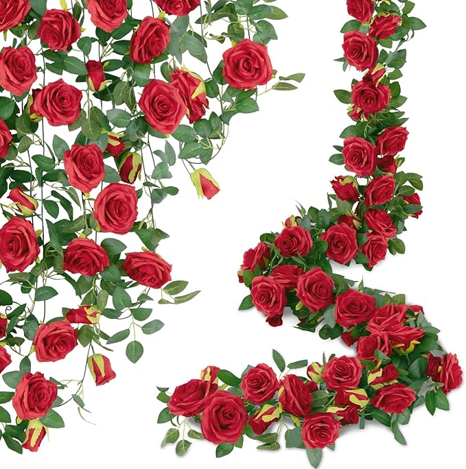U'Artlines 5 Pack Artificial Red Rose Vines Floral Garlands Total 32.5 Ft Fake Vine Silk Flower Garland for Indoor Outdoor Home Wedding Arch Garden Wall Decoration