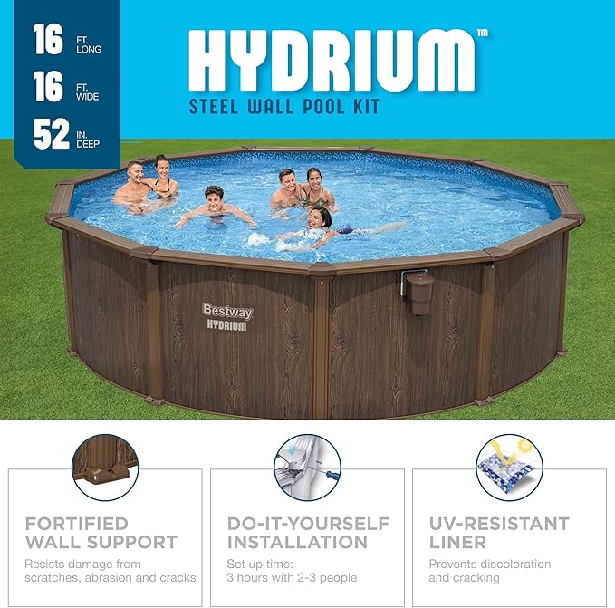 Bestway Hydrium 16' x 52" Above Ground Pool, Round Steel Side Wall Frame Outdoor Swimming Pool Set with Sand Filter Pump, Ladder & Accessories