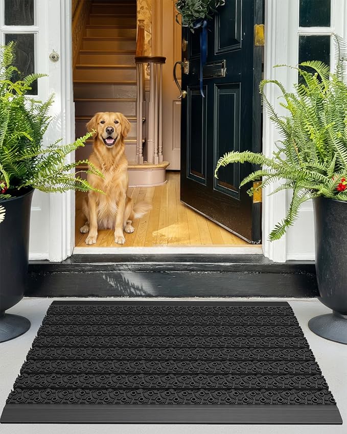 Color&Geometry Outdoor Mats for Front Door All Weather, 19"x30" Non Slip Low Pile Outside Door Mats, Dirt Trapping Waterproof Doormat Entrance, Black Welcome Matt