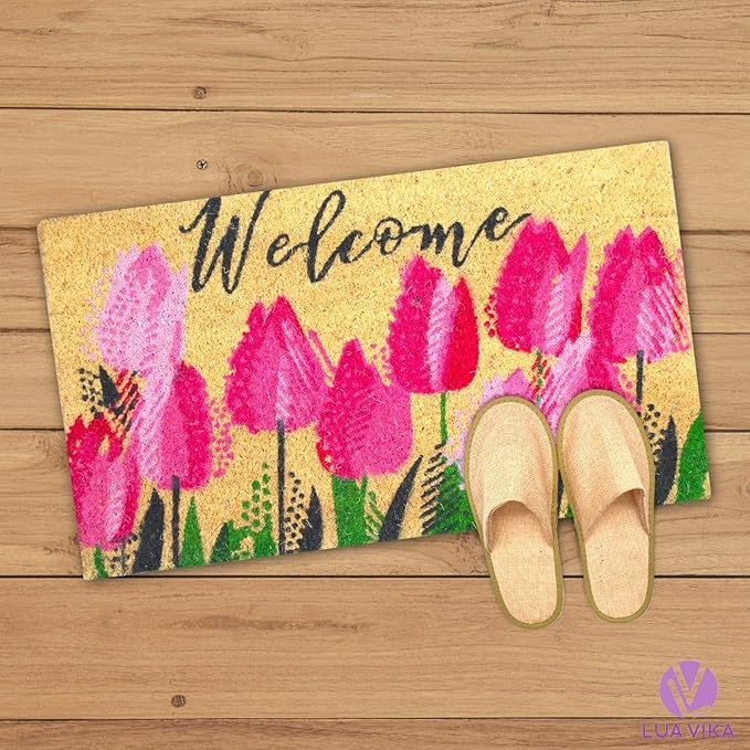 Coir Doormat, Front Door mats Outdoor, Funny Welcome mat Outdoor, Front Door mat for Home Entrance, Door mat Outside Entrance, Welcome mat Indoor 16"x27.5" (Tulips)