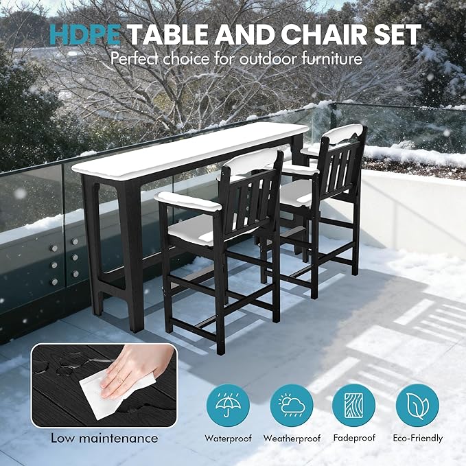 Ciokea 3 Pcs Outdoor Bar Height Table Set, 60" Extra Long Rectangle High Top Table and 2 Oversized Adirondack Chairs Set, Heavy-Duty All-Weather HDPE Patio Bar Set for Backyard Balcony Deck, Black