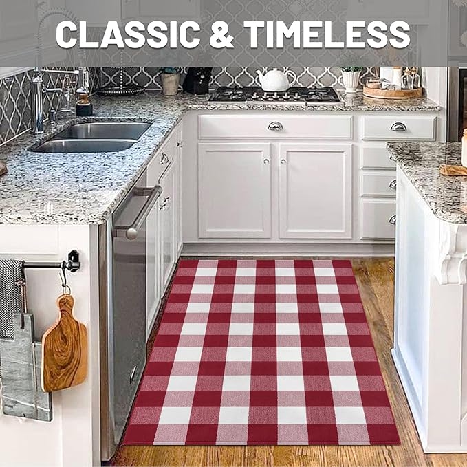 IOHOUZE Christmas Buffalo Plaid Rug 3x5 Ft Outdoor Indoor Doormat Red White Check Washable Area Rug Woven Cotton Checkered Front Porch Mat Christmas Decor for Front Door Entryway Living Room