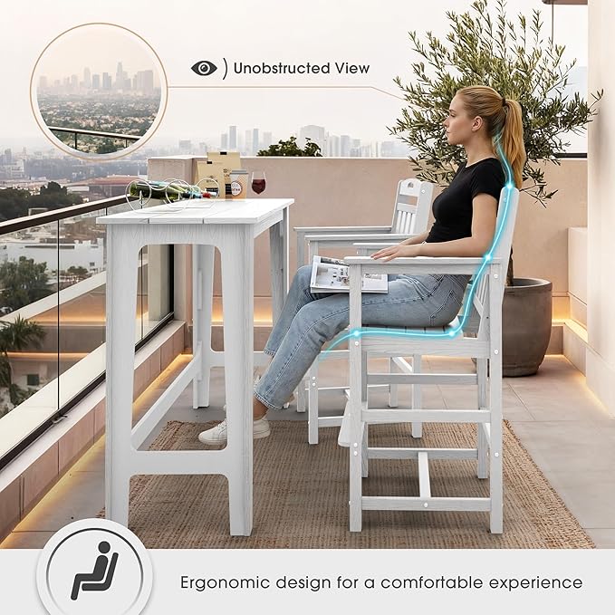 Ciokea Set of 2 Outdoor Tall Bar Chairs, 27" Bar Height Patio Stools with Arms & High Back, Heavy Duty All-Weather Adirondack Tall Chairs for Balcony, Poolside, Deck and Garden, White
