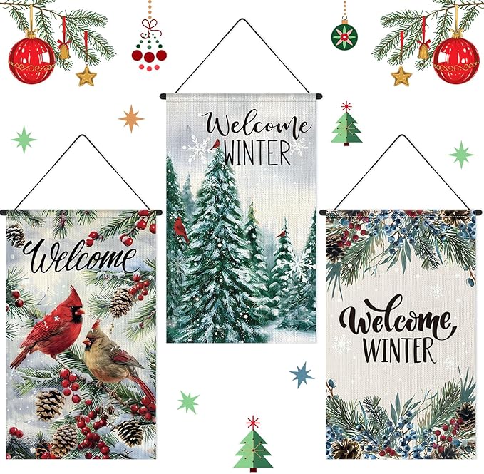 Tegeme 3 Pcs Winter Hanging Banner Cardinal Flag Decoration 12 x 20 Inch Winter Welcome Door Hanger Decoration Pine Tree Garden Flag Holiday Ornaments