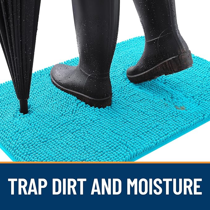 OLANLY Dog Door Mat for Muddy Paws 34x21, Absorbs Moisture and Dirt, Absorbent Non-Slip Washable Doormat, Quick Dry Chenille Mud Mat for Dogs, Entry Indoor Entryway Carpet for Inside Floor, Aqua Blue
