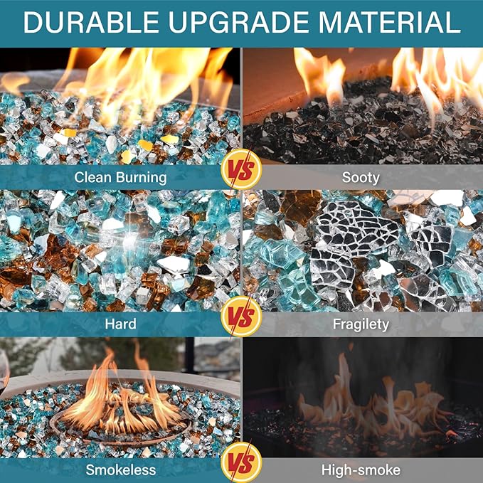 NUPICK 5 Pound Fire Glass, 1/2 Inch Reflective Fire Pit Glass, Tempered Firepit Glass Rock for Propane or Natural Gas, Glass Rocks for Fire Pit Table or Fireplace, Aqua Blue & Copper & Platinum Mix