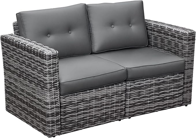 Outsunny 2 Piece Patio Wicker Corner Sofa Set, Outdoor PE Rattan Furniture, with Curved Armrests and Padded Cushions for Balcony, Garden, or Lawn, Gray