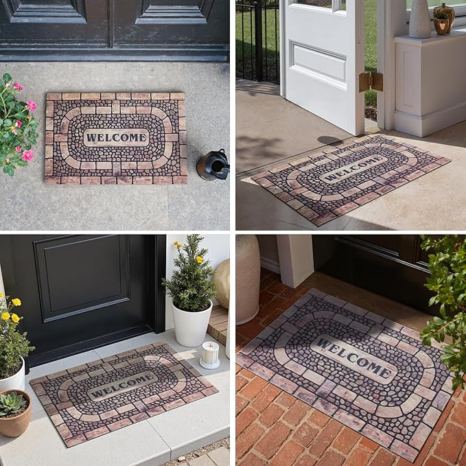 Welcome Mat Front Door Mat Indoor Outside Entrance, Absorbent Heavy Duty Doormat with Non Slip Backing Entryway Rug for Front Back Door, 17x30, Cobble Print