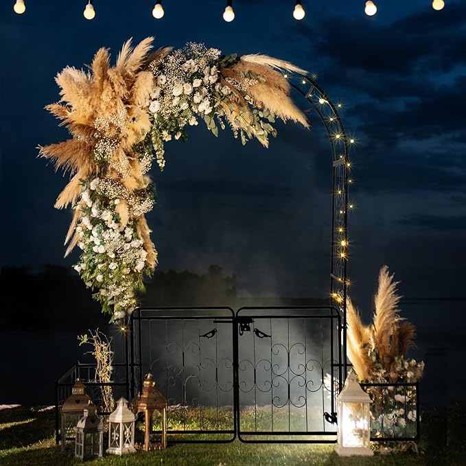 Garden Arbor with Gate and Planter, 7FT Wedding Arches for Ceremony, Metal Arbor Trellis for Climbing Plants Outdoor, Black Garden Archway for Lawn, Patio and Backyard, Includes Ground Stakes