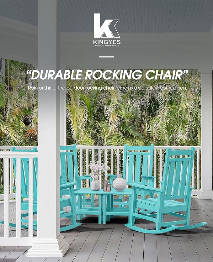 KINGYES Outdoor Rocking Chair, All-Weather Patio Rocking Chairs for Porch, HDPE Rocking Outdoor Chairs with High Back for Adult, Heavy Duty Outdoor Patio Rockers for Garden, Lawn, Aruba
