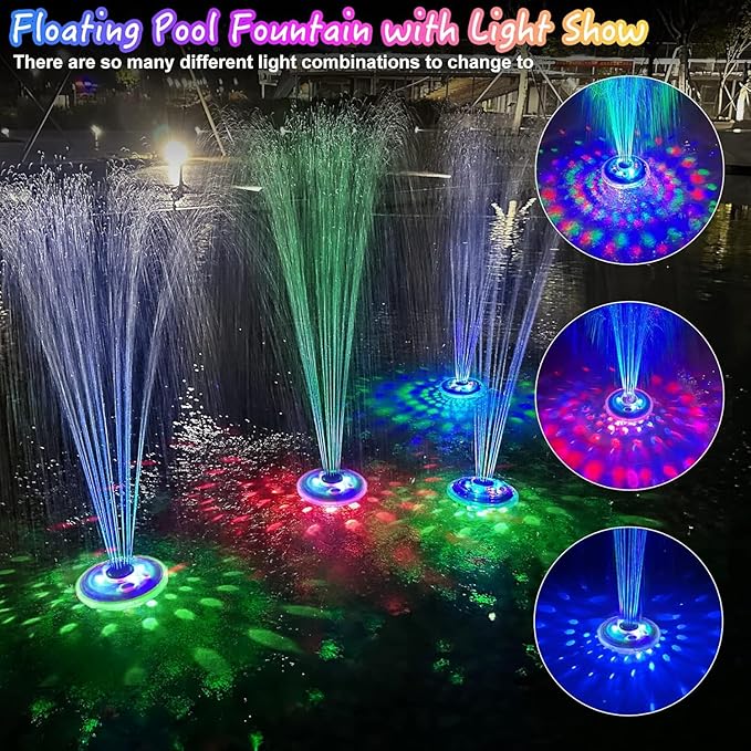 Floating Water Fountain with Underwater Lights, Powered Pump Outdoor, 2 Modes Sprinkler Waterfall Fountain for Inground Above Ground Pool, Pond-Light Blue-1PC