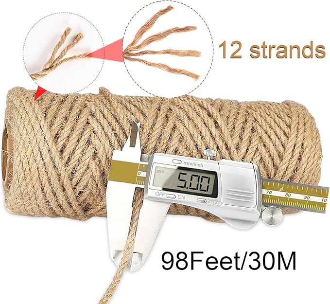 5MM x 100FT Natural Jute Twine, 12Ply Thick Twine, Heavy Duty Jute Rope for DIY Crafts,Cat Scratching Post,Packaging Braided,Christmas,Home Decor