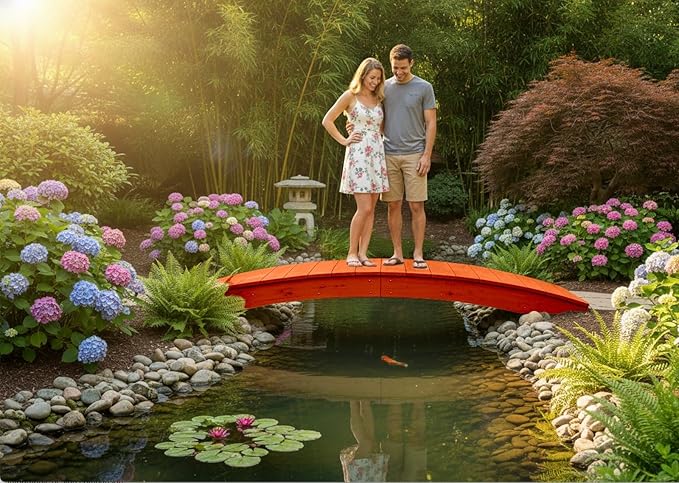 8 FT Cedar Amish Made Pinewood Heavy Duty Garden Bridge for Walkway, Backyard Pond & Landscaping, Outdoor Wooden Footbridge for Koi Pond, Japanese Style Decorative Bridge, Made in USA