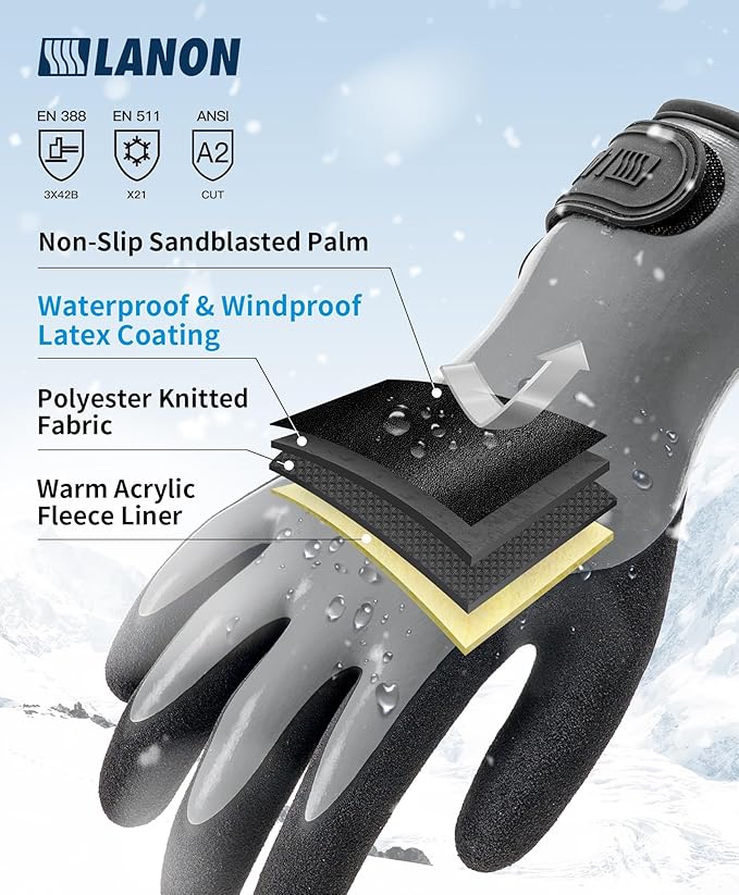 LANON Waterproof Winter Work Gloves, Double Latex Coated, Thermal Insulated Freezer Gloves for Cold Weather, Heavy Duty, Non-Slip Grip, Wrist Closure, Grey,L