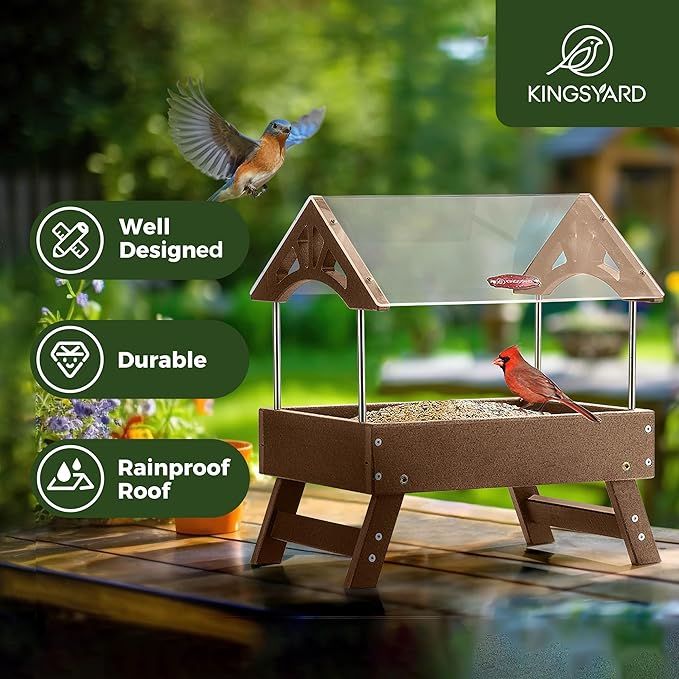 Kingsyard Ground Bird Feeder for Outdoors - Recycled Plastic Platform Feeder for Wild Birds, Rainproof Squirrel Feeders, 5 LBS Large Capacity, Brown