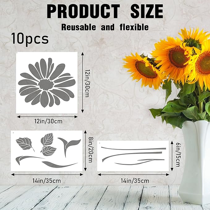 Large Flower Stencils for Painting - 10 Pcs, Reusable Templates for Wall, Wood, Furniture & More