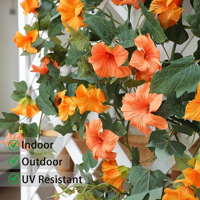 Mizii Artificial Petunias Flower Vines Garland 6 Feet Orange Faux Morning Glory Silk Flowers Garland UV Resistant Fake Hanging Vines Plants Decorations for Outdoor Garden Indoor Home Decor (Orange)