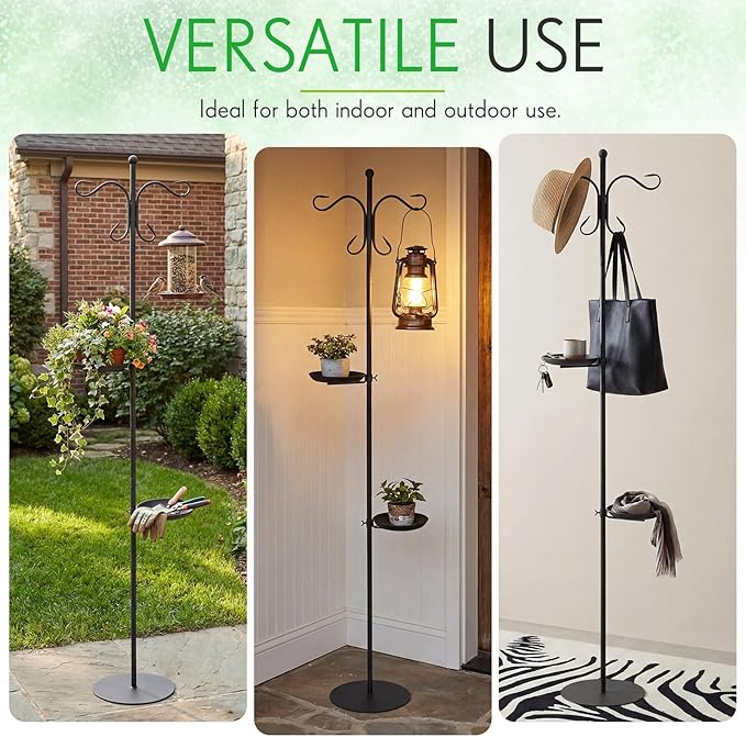 1 Set 75.9" Shepherd's Hook Stand for Bird Feeder, Hanging Plant, Wind Chime, Waterproof Metal & Adjustable Standing Pole Holder for Indoor Outdoor, with 2 Rack & Weight Bag (2 Hooks)
