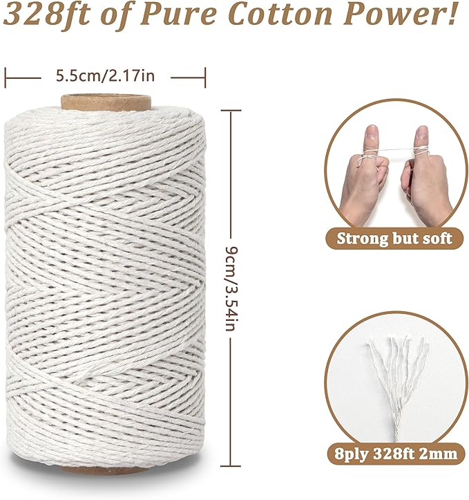 Butchers Twine for Cooking, Baking & Crafts - Food Safe Kitchen Twine for Tying Meat, Trussing Turkey, Roasting, Sausage Making - Strong Cotton Rope for Garden, Crafts & Packing, 328ft 2mm(Beige)