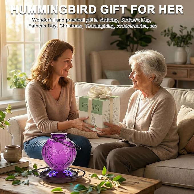 Glass Hummingbird Feeder for Outdoors Hanging, 25Oz Humming Bird Nectar Feeders with Perch & 5 Flower Feeding Ports, Leak Proof for Outside Garden Decor, Gifts for Women (Purple)