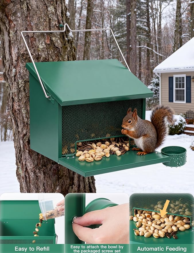 Metal Squirrel Feeder, Hanging Squirrel Feeders for Outside, Chipmunk Hanging House Box with Water Bowl for Corn, Nut, Peanuts