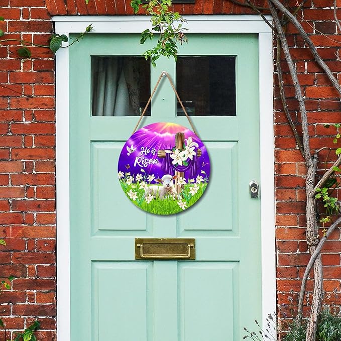He is Risen Easter Religious Cross Purple Door Sign For Front Door Decor,Christian Lily Flowers Lamb Wooden Sign 12"x 12" Round Spring Sunrise Hanging Door Sign Decoration for Wall Rustic Decor