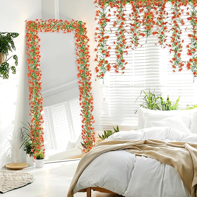 2 Pack Artificial Flowers Garland Ivy,Spring Summer Decor UV Resistant Fake Daisy Vines Floral Vine Silk Hanging Flower for Decor Home Garden Wedding Photo Booth Backdrop (Orange)