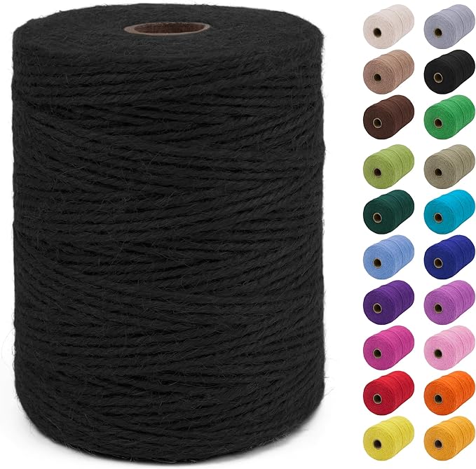 JeogYong 2mm Jute Twine String 656 Feet Natural Thick Garden Twine for Crafts, Hemp Twine for Outdoor, Gardening, Gift Wrapping, Plants, Packing Materials (Black)