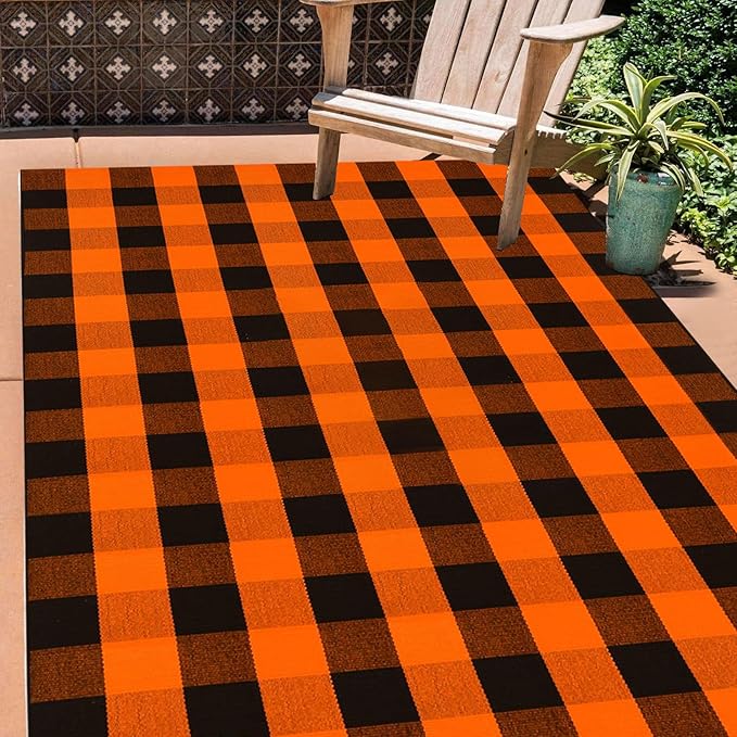 Fall Outdoor Rug Orange Buffalo Plaid Outdoor Rug Cotton Hand-Woven Buffalo Check Rug Layered Doormats for Front Door/Front Porch/Farmhouse/Entryway/Patio