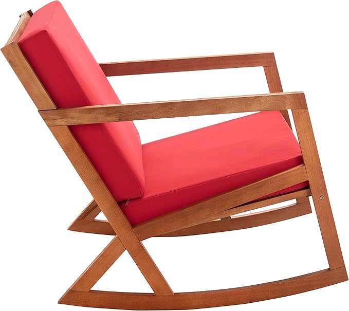Safavieh Outdoor Collection Vernon Wood Cushion Rocking Chair PAT7013R, Natural/Red