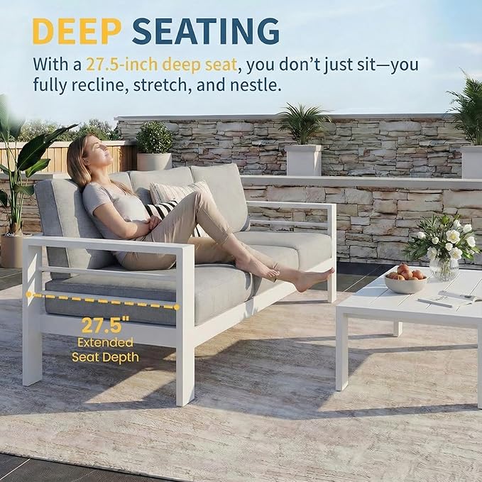 Solaste Aluminum Patio Furniture Set for All Weather, Oversized Metal Outdoor Furniture Set with 27.5" Deep Seat and 3.2" Wide Armrest, Outdoor Patio Conversation Sets with 10" Back Cushion, White