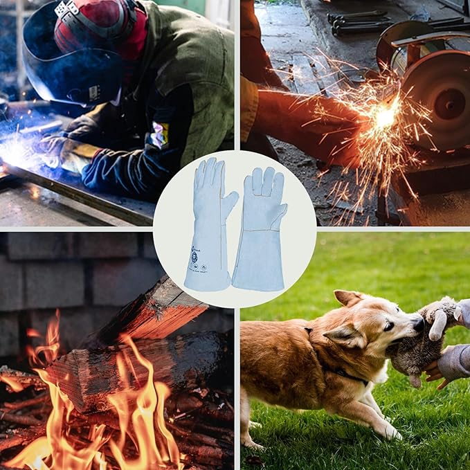 16 "electric welding gloves, Class A cowhide Kevlar thread sewn, 932°F, tear resistant, oven. Grill. Fireplace. Boiler. Stove. Argon arc welding. Wood burning barbecue. Animal handling gloves