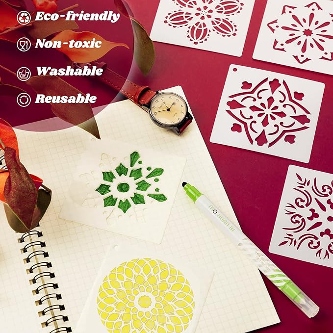 Marspark 66 Pcs Spring Easter Small Stencils for Crafts Reusable 3 Inch Stencils for Painting on Wood DIY Craft Paint Template for Wall Home Decor Card Rock Canvas Drawing Holiday (Mandala)