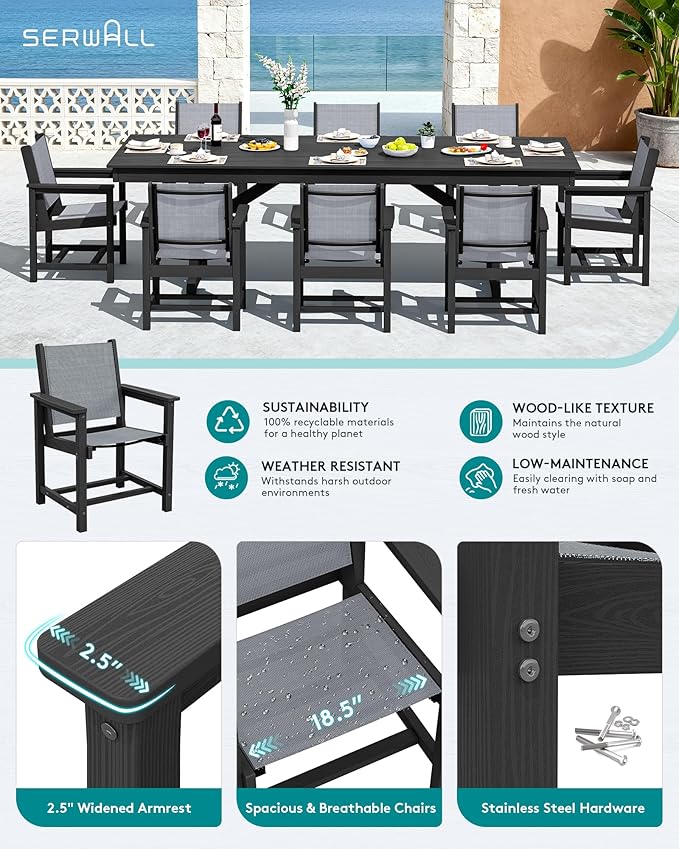 SERWALL 9 Piece Outdoor Dining Set, 84" HDPE Outdoor Table and Chairs for 8，All Weather Patio Furniture Set with Umbrella Hole for Backyard, Garden, Black