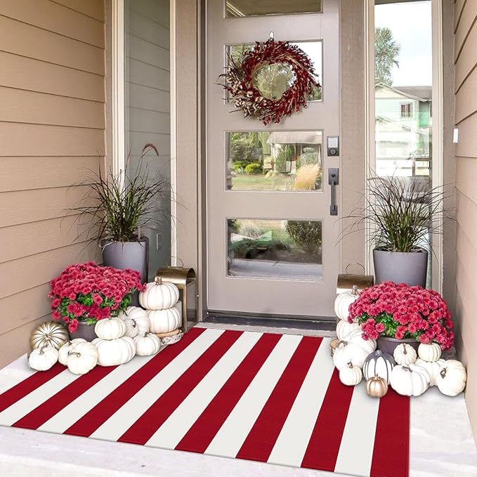 IOHOUZE Christmas Door mat 3x5 Ft Red White Striped Area Rug Washable Front Porch Rug Striped Door Mat Outside Entrance Entryway Doormat for Christmas, Winter Porch Decor